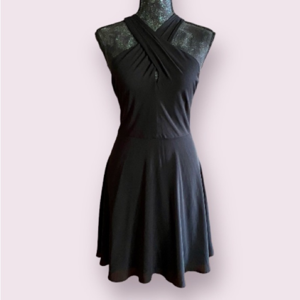 EXPRESS Black Crossover Halter Fit And Flare Lined Dress
